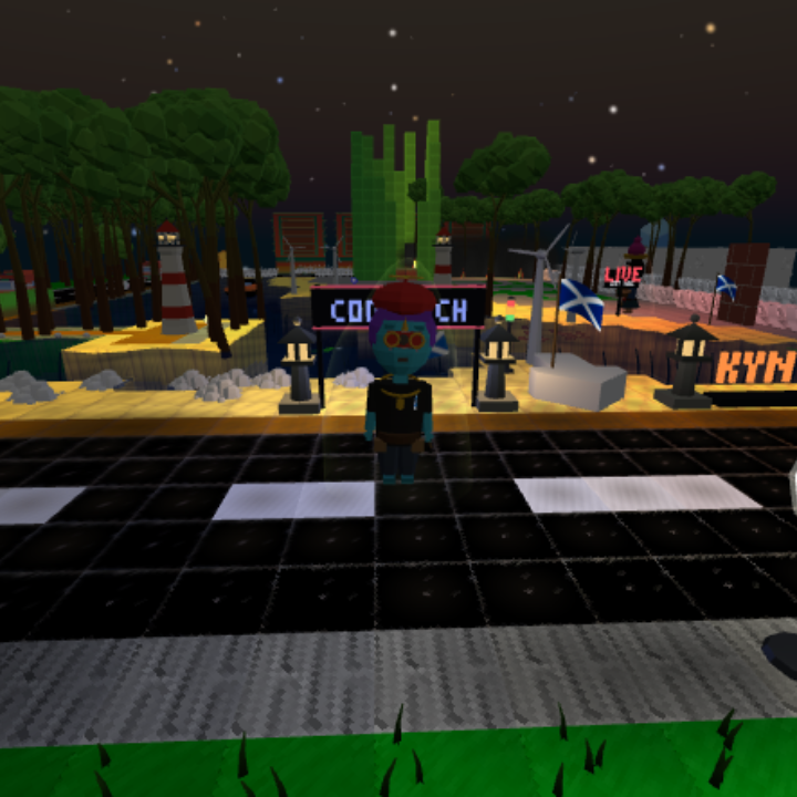 Night in Downtown. An avatar stands on a checkered floor below a lit CODELOCH sign.