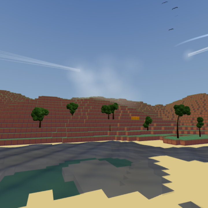 Stepped red block terraces rise above a sandy shore and dark water under a blue sky