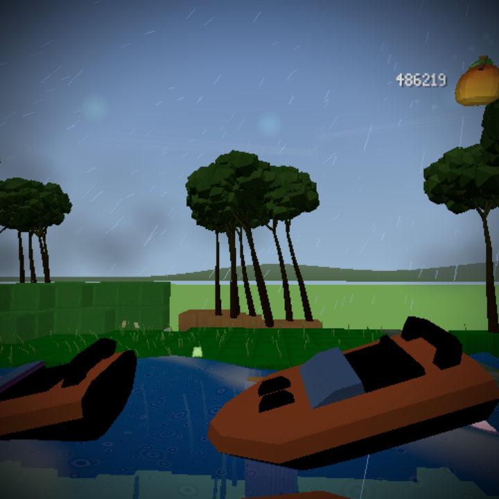 Rain falling over two orange boats in dark water, with tall thin trees on the bank behind