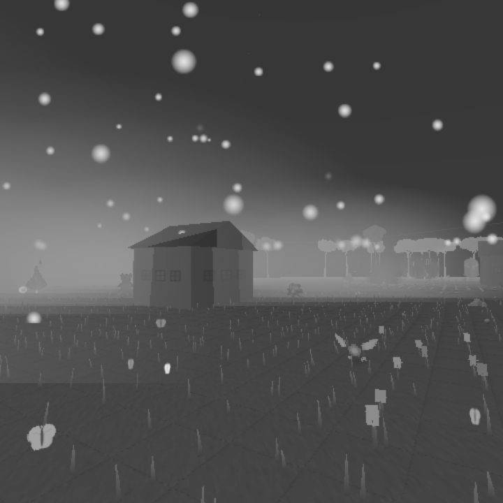 Grayscale first person view of a house and rows of pale markers under falling snow