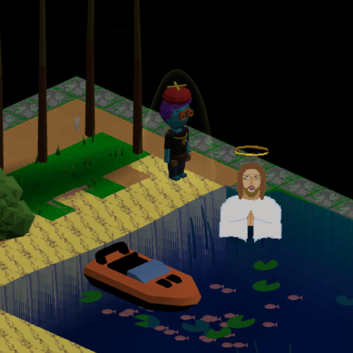 A robed figure with a halo stands in dark water beside an orange boat and lily pads.