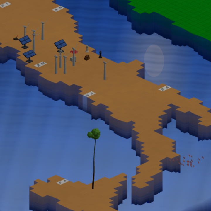 Overhead view of a tan peninsula shaped like Italy sitting in blue water, with small lettered markers