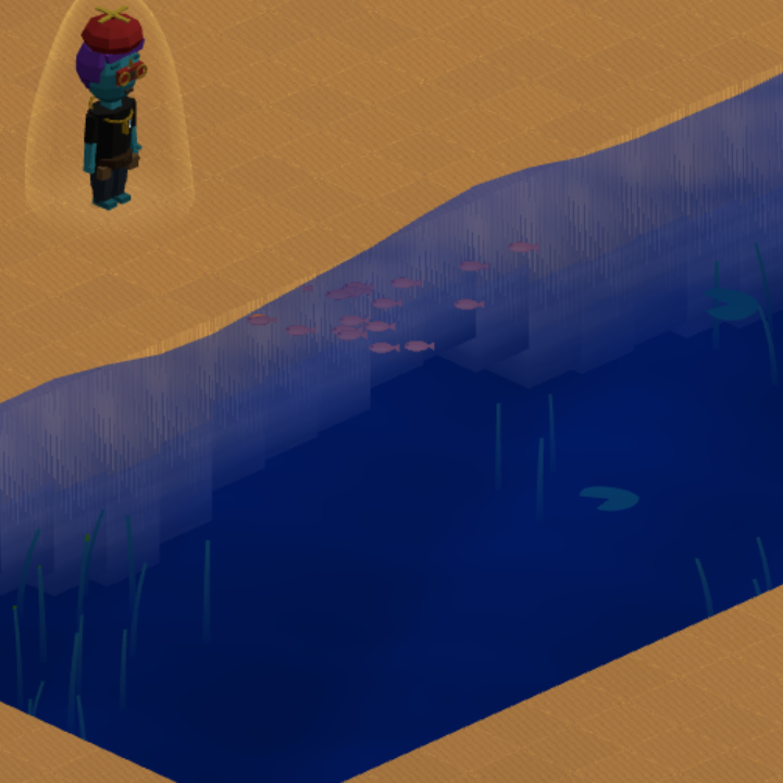 An avatar in a red cap stands on sand beside a blue pond with pink fish and green reeds.