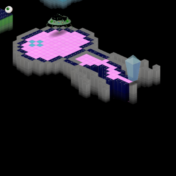 A green flying saucer hovers above a pink tiled platform floating in black space