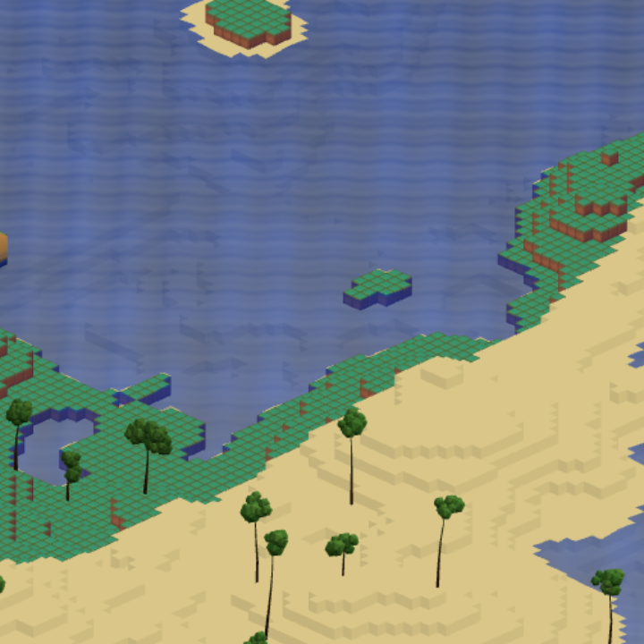 Overhead view of a blocky coastline with green grass ledges, pale sand and open blue water