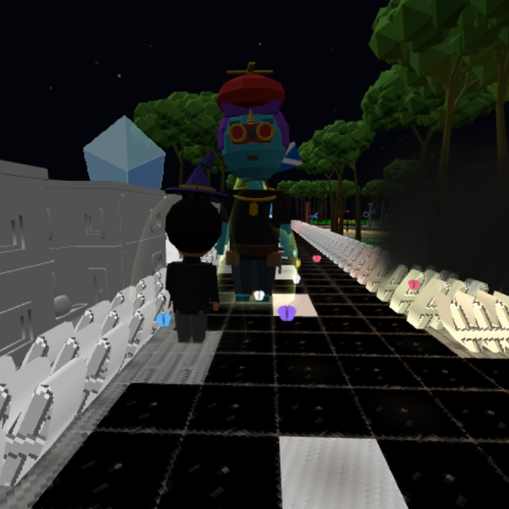A teal avatar in a red beret and a figure in a witch hat at the head of a checkered aisle