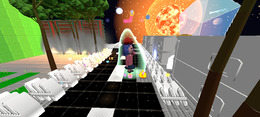 Two figures together at the end of a checkered aisle lined with white seats at night