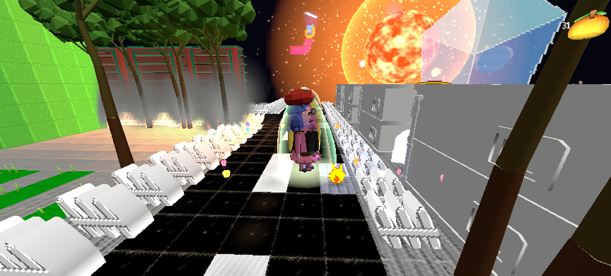 Rows of seats down a checkered aisle toward a figure, under a burning planet and moons
