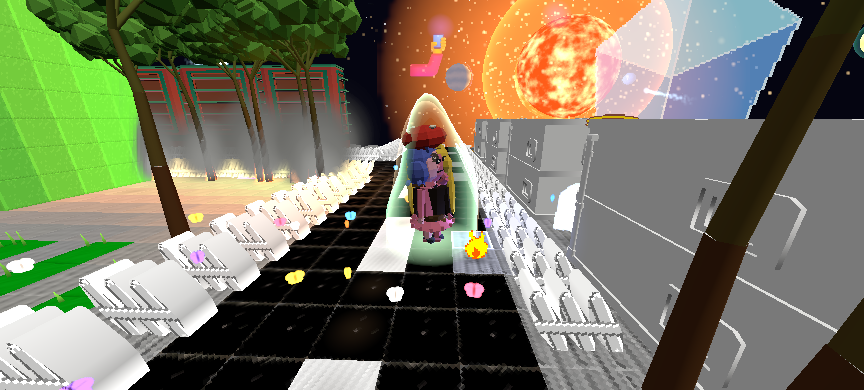 Panorama of rows of white seats along a checkered aisle under a burning orange planet