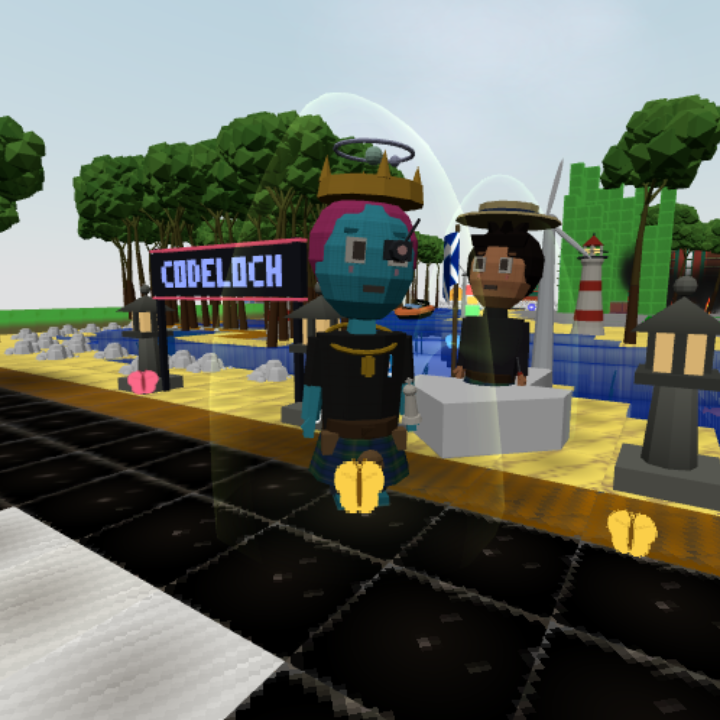 Two avatars in front of a CODELOCH sign, with a lighthouse and a Saltire behind them
