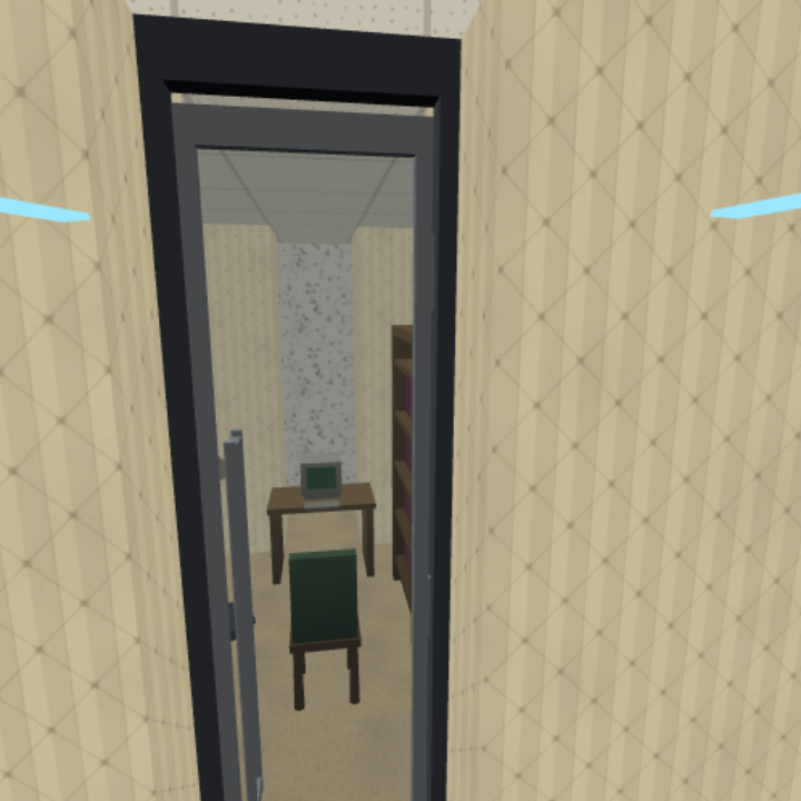 First person view down a wallpapered corridor into a small room with a desk and green chair