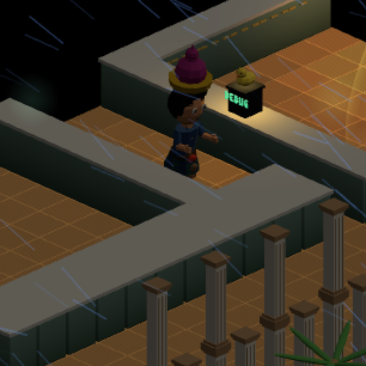Avatar standing in the rain beside a glowing DEBUG screen on a wooden terrace at night