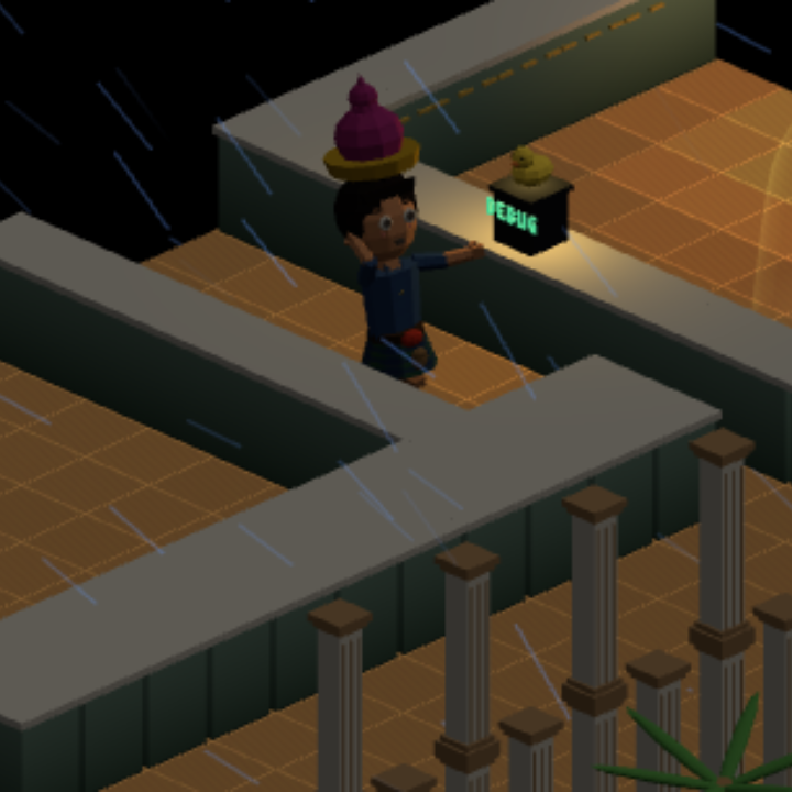 Avatar in the rain on a wooden terrace, reaching toward a small screen reading DEBUG
