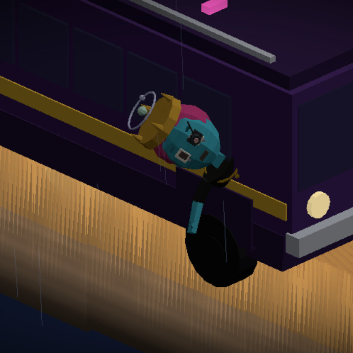 Close overhead view of a teal avatar in a gold crown against dark purple paneling